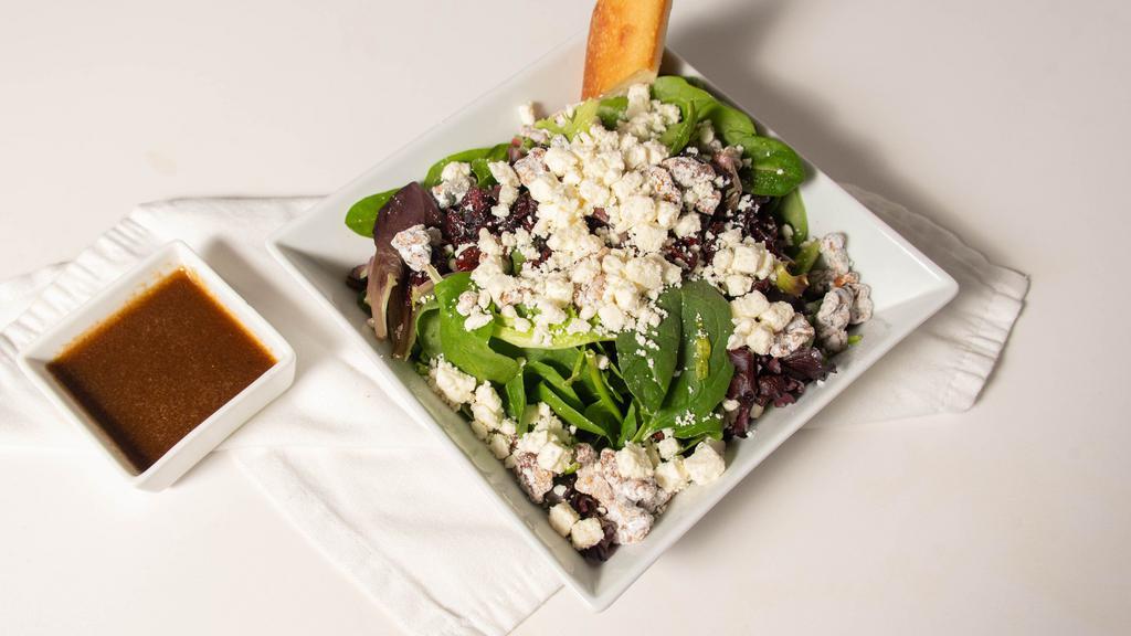 Cranberry & Feta · Spinach, Spring Mix, Candied Walnuts, Craisins, Feta Cheese, Olive Oil & Balsamic.