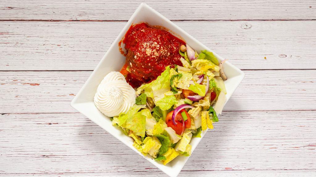 Alicia'S Meatball & Italian Salad · Extra Large Meatball in Our Famous Tomato Sauce with Italian Salad & Ricotta.