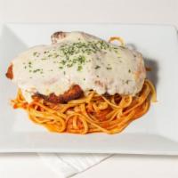 Chicken Parmigiano · Seasoned cutlet our famous tomato sauce, mozzarella, linguini.