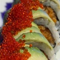 South Street Roll · Spicy salmon and tempura flakes, wrapped in avocado, and red tobiko (caviar), 8 pcs