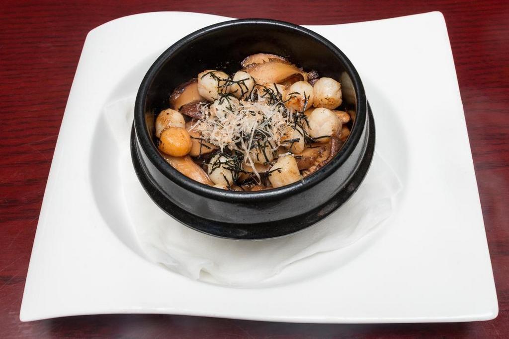 Scallop Shiitake Mushrooms · Pan fried scallops, stir-fried with shiitake mushrooms, served on a hot stone bowl