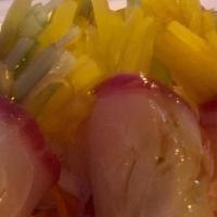 Red Snapper Oshinko · Japanese pickled radish and cucumber, wrapped in red snapper fish, then glazed with Japanese...