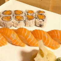 Orange Lover · 6 pieces of salmon sushi & 1 spicy salmon roll