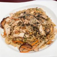 Chicken Yaki Soba · Japanese stir fried thin noodle with chicken, egg, & in-season vegetables
