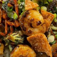 Honey Garlic Shrimp · wild-caught shrimp, white jasmine rice, and fresh market vegetables wok-seared in our honey ...