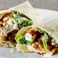 Caesar Wrap · Grilled chicken, mixed greens, Parmesan cheese, Caesar dressing, croutons.