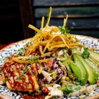 Chipotle Bbq Chicken Salad · Grilled chicken breast, black beans, roasted corn, avocado, tortilla strips, panela cheese, ...