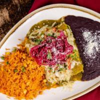 Chicken Enchiladas · tomatillo sauce, oaxaca cheese, lettuce, crema, pickled red onion. (contains dairy)