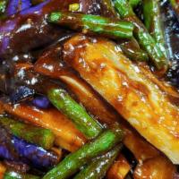 Two In Love · Eggplant and string bean sauteed in slightly spicy garlic sauce and tossed with scallions.