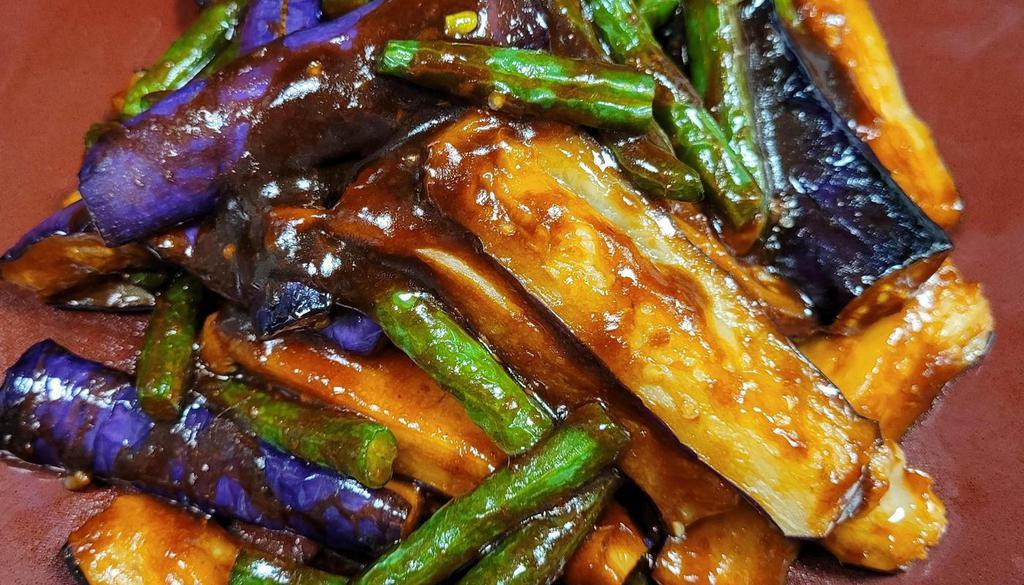 Two In Love · Eggplant and string bean sauteed in slightly spicy garlic sauce and tossed with scallions.