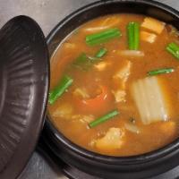 Vegetable Hot Pot · Napa, scallions, carrots, tofu, bean thread noodles in bean paste broth.