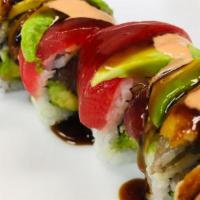 Tuna Combo · Spicy Crunchy Tuna roll topped with tuna, avocado, masago, eel sauce and spicy mayo.