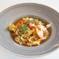 Chickenless/Vegetarian · Not a chicken to be found...rich flavor and a golden delicious broth. Served with sauteed ve...