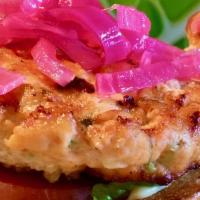 Faroe Island Salmon Burger · sushi grade faroe island salmon, lettuce, tomato, mayo, picked red onion served with fries (...