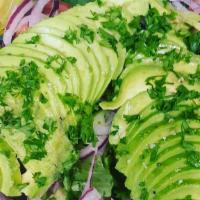 Kale A Kado · Baby Kale- Avocado – Tomato – Onion – Marinated Cucumbers – House Vinaigrette