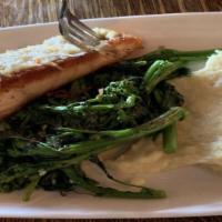 Salmon · Honey mustard coconut crusted  over mashed potatoes and broccoli rabe
