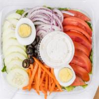 Garden Salad · Romaine lettuce, tomato, red onions, black olives, cucumbers, eggs, and carrots. Your choice...