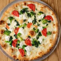 Juliet'S Favorite Pizza · (White Veggie) our famous garlic mix, broccoli, spinach, tomatoes, ricotta, and mozzarella c...