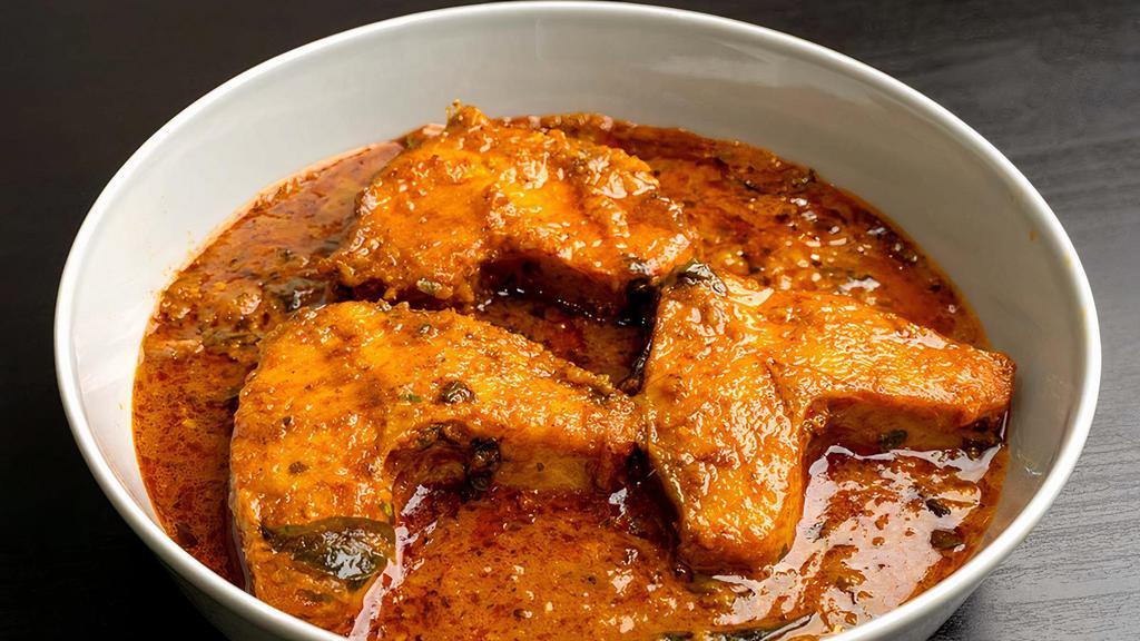 Fish Masala · Gluten-free. cat fish cooked in tangy tomato sauce.