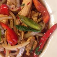 Pad Ka Pow · Spicy. Stir-fried with hot chili, garlic, fresh basil leaves, red and green bell peppers, an...