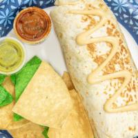 Burritos · You can choose.  Chicken, steak, pastor, or chorizo. served with rice, beans, salad, cream, ...