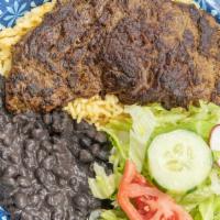 Carne Asada · Carne, arroz, frijoles, and ensalada y tortilla.