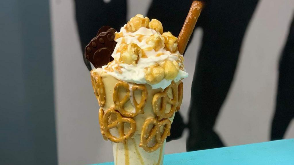 Bigfoot · Sea salt caramel ice cream, with a caramel rim covered in pretzels. Topped off with whip topping, chocolate Bigfoot caramel popcorn, pretzel rod and caramel drizzle.
