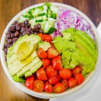 Energize Salad · Spinach base, cucumbers, tomatoes, onions, black beans, and avocado. Dressed with walnut bas...