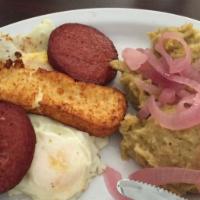 Los Tres Golpes-Dominican Breakfast · Los tres golpes (mashed plantains, two eggs, fried cheese and  fried 2 salami).