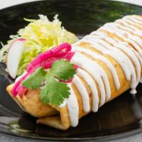 Chimichanga · Protein with rice, beans, cheese, pickled red onions and sour cream.