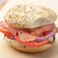Lox Special · Your choice of bagel with nova lox, cream cheese, tomatoes, onions, and capers.