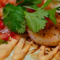 Jambalya Shrimp Tacos · peppers and onions, pico de gallo, avocado, chipotle mayo