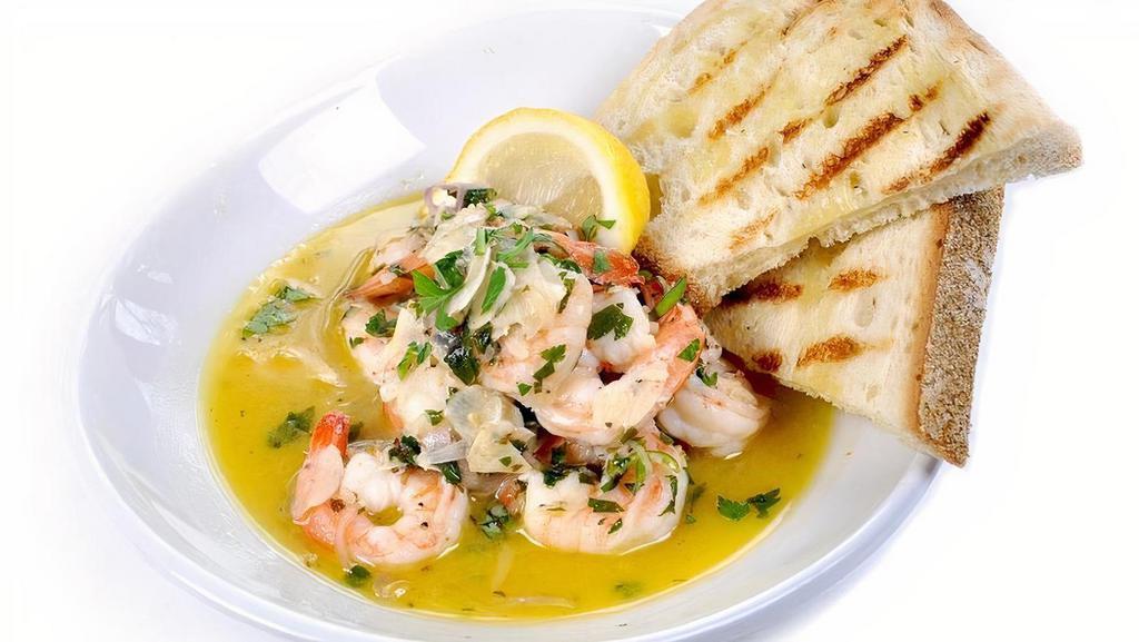 Shrimp Aglio · Pan seared shrimp with garlic, white wine, garlic butter, parsley and chili pepper flakes, grilled house baguette