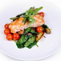 Grilled Salmon · Herb fingerling potatoes, artichoke, cherry tomatoes, spinach, remoulade butter.