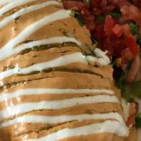 Burritos · Stuffed with rice, pinto refried beans and cheese. Topped with, lettuce, tomatoes, sour crea...