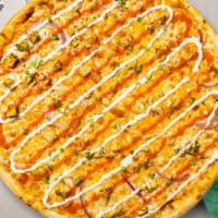 Buffalo Chicken Pizza · Buffalo chicken, and cheese baked in an oven with a side of bleu cheese.