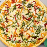 Mediterranean Pizza · Pizza sauce, mozzarella cheese, spinach, olive, tomato, and feta cheese baked in an oven