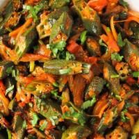 Bhindi Masala (V) · Vegan, gluten-free. Stir-fried okra with tomato seasoning and stir-fried onions.