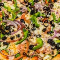 Vegetarian Pizza · Tomato sauce, mozzarella cheese, tomatoes, mushrooms, green peppers, red onions and black ol...
