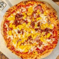 Hawaiian Pizza · Tomato sauce, mozzarella cheese, ham, bacon and pineapple.