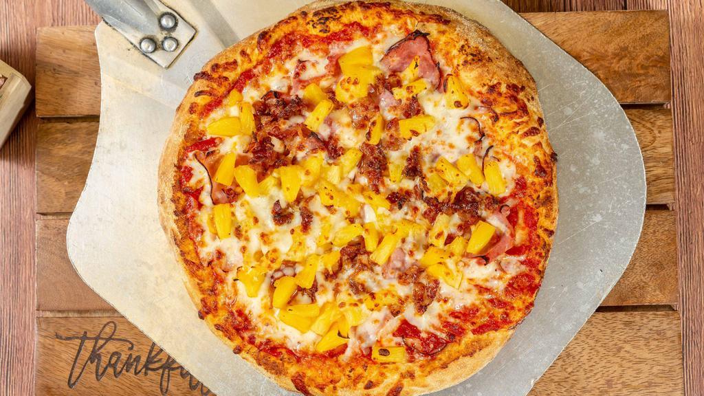 Hawaiian Pizza · Tomato sauce, mozzarella cheese, ham, pineapple and red onions.