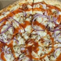 Buffalo Chicken Pizza · Buffalo sauce, grilled chicken, red onions, cheddar cheese & mozzarella cheese with side of ...