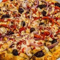 Chicken Pesto Pizza · Pesto sauce contains pine nuts, mozzarella cheese, grilled chicken breast, sun-dried tomatoe...
