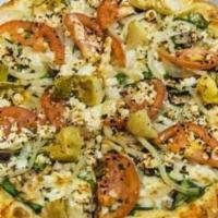 Spinach & Artichoke Pizza · Garlic herb sauce, mozzarella cheese, baby spinach, tomatoes, mushrooms, caramelized onions,...