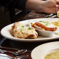 Trio De Italia ⭐️ · Three dishes on one plate!. 1. Chicken Parmigiana - A breaded chicken breast fried to crispy...