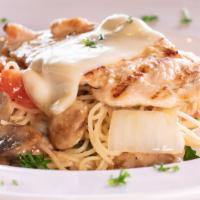 Pollo Brodo · A grilled chicken breast sautéed with tomatoes, onions, and mushrooms in a traditional butte...