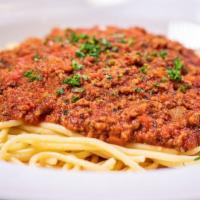 Spaghetti W/ Meat Sauce · Seasoned ground beef blended with Italian herbs and spices and our signature marinara herb s...