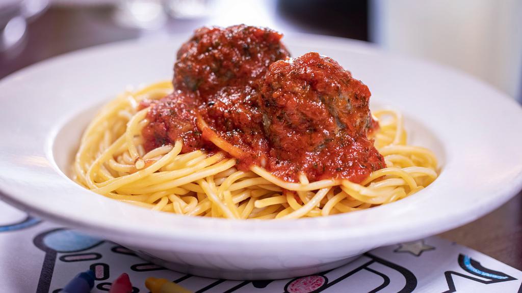 Kids Spaghetti Meatballs · A kids portion of spaghetti with meatballs in our signature marinara herb sauce.