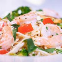 Shrimp Primavera · Shrimp sautéed with fresh spinach, broccoli, mushrooms, and tomatoes, then tossed with spagh...