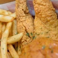 Big Fish W/ Fries · Southern fried fish and seasoned fries with bun